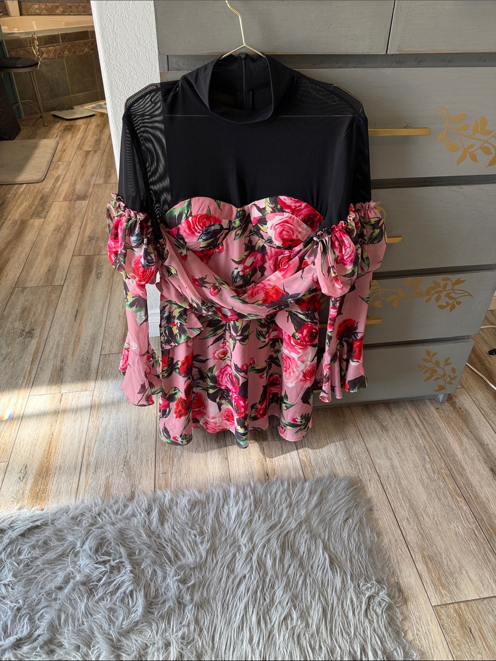 Floral Pink Off-Shoulder Peplum Top with Black Mesh Yoke